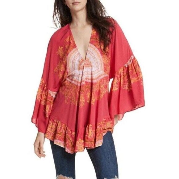 FREE PEOPLE Women Sz S Sunset Dreams Printed Red Tunic Ruffle Top - Picture 13 of 14
